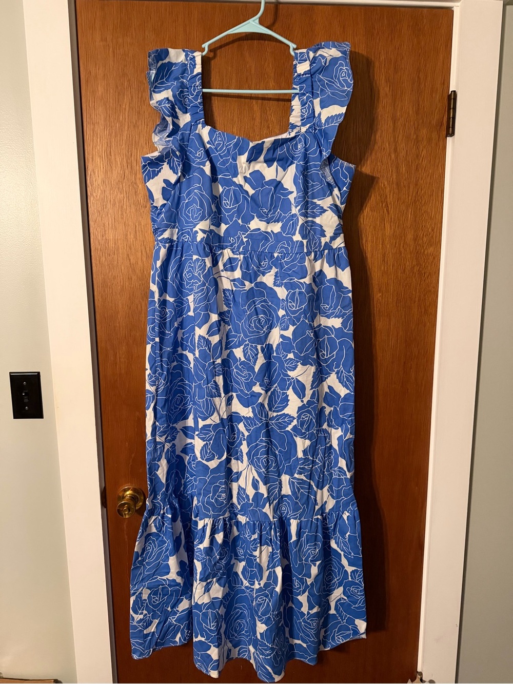 Blue Floral Maxi Dress with Ruffle Straps